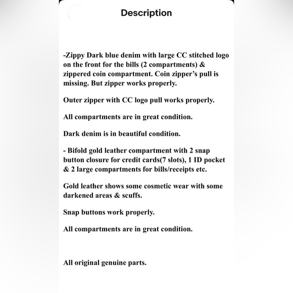 Auth Chanel dark denim zippy wallet with gold leather & CC zipper pull. - Picture 14 of 14